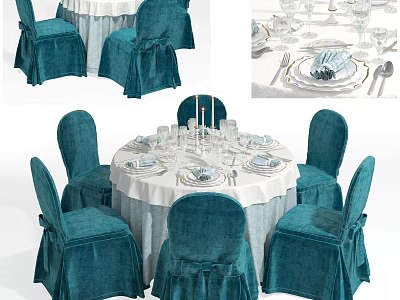Turquoise Dining Table And Chairs Set With White Tablecloth Slipcovers And Elegant Tableware 3d model