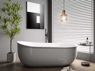 Modern Bathroom With Freestanding Bathtub Green Plant And Mirror 3d model
