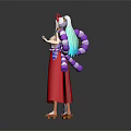 Game Movie Character With Red Long Skirt Horns Purple White Stripes And Blue Hair