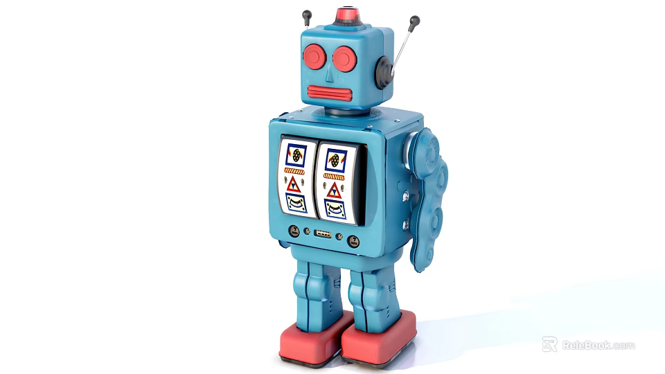Vintage Blue Robot Sculpture With Red Eyes Top Button Chest Display And Red Feet 3d model 