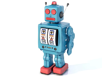 Vintage Blue Robot Sculpture With Red Eyes Top Button Chest Display And Red Feet 3d model