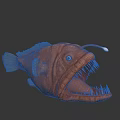 Red Anglerfish With Large Open Mouth Sharp Teeth And Glowing Lure On Dark Reflective Surface