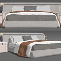 Cozy Modern Double Bed with Upholstered Headboard Nightstands Decorative Lamps and Soft Bedding