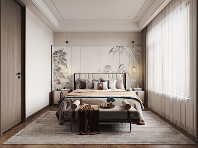 Elegant Bedroom Interior With Decorative Wall Art Bedside Nightstands Sheer Curtains Bench And Soft Rug 3d model
