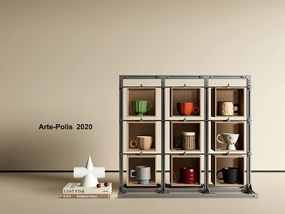 Colorful Ceramic Mugs Displayed on Multi layer Shelf with Beige Wall and Decorative Object 3d model