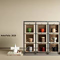 Colorful Ceramic Mugs Displayed on Multi layer Shelf with Beige Wall and Decorative Object 3d model