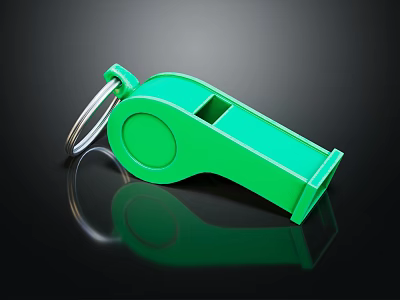 Green Whistle With Key Ring As Sports Equipment On Black Background With Reflection 3d model