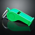 Green Whistle With Key Ring As Sports Equipment On Black Background With Reflection
