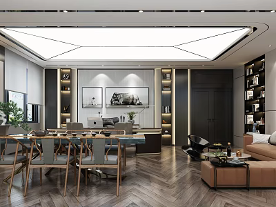 Modern Office Interior Design With Desk Chairs Bookshelves Sofa Lighting And Wooden Flooring 3d model