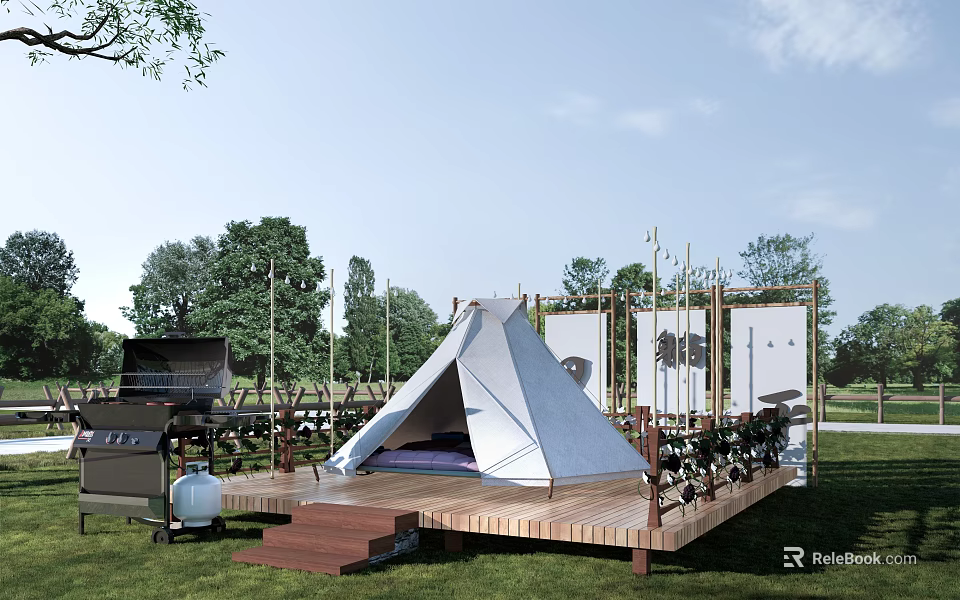 White Outdoor Camping Tent On Wooden Platform With Grill Decorative Screens And Lush Grass 3d model 
