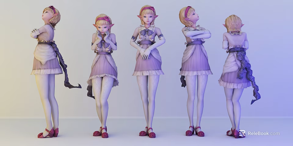 Game Anime Character With Blonde Hair Elf Ears Purple Dress Multiple Angles 3d model 