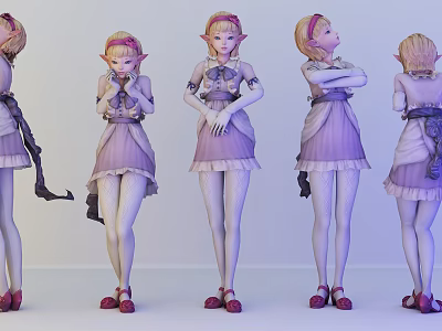 Game Anime Character With Blonde Hair Elf Ears Purple Dress Multiple Angles 3d model