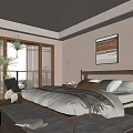 Serene Bedroom Interior With Wooden Bed Frame White Linens Nightstand Lamp And Wall Art