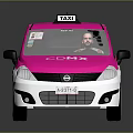 Pink And White CMAX Taxi With Driver In Front Seat On Gray Background