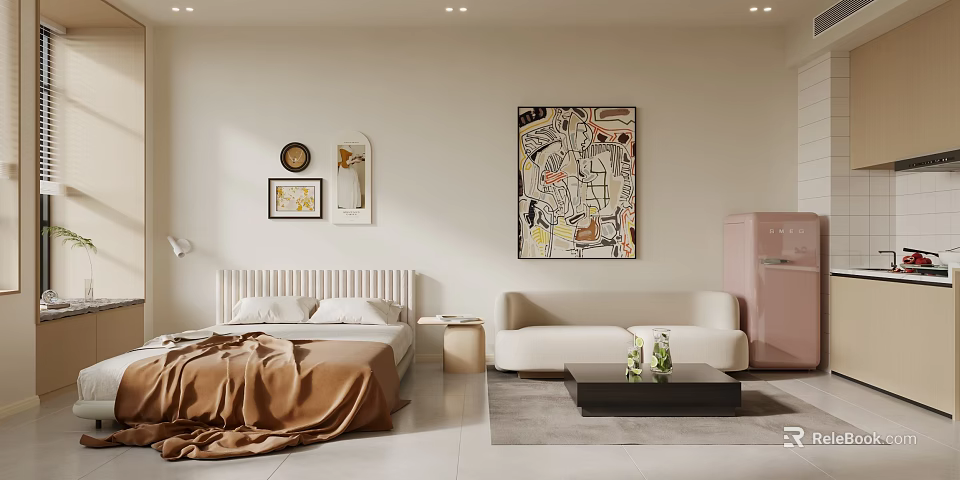 Modern Apartment Bedroom With Sofa And Art Decor 3d model 