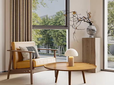 Yellow Leather Leisure Chair With Wooden Frame And Coffee Table Near Window With Green Trees 3d model