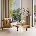Yellow Leather Leisure Chair With Wooden Frame And Coffee Table Near Window With Green Trees