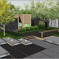 Modern Garden Landscape With Waterfall Perforated Wall Platforms And Green Trees 3d model