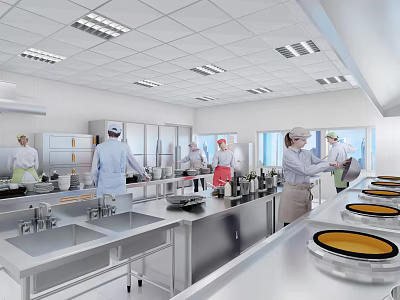 Catering Kitchen Interior Design With Stainless Steel Workstations And Food Preparation Areas 3d model