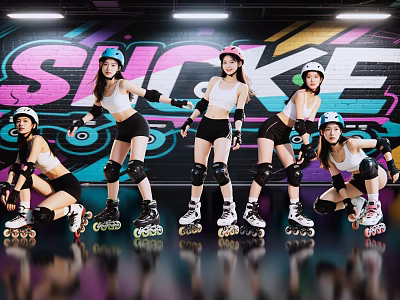 Women In Roller Skates With Helmets And Knee Pads On Colorful Graffiti Background 3d model