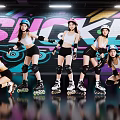 Women In Roller Skates With Helmets And Knee Pads On Colorful Graffiti Background