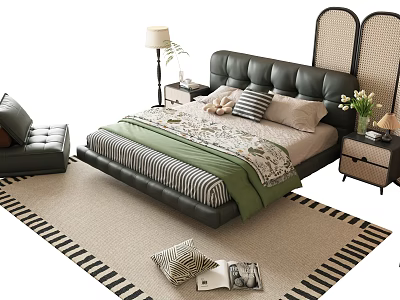 Single Bed With Black Leather Headboard Striped Green Bedspread Bedside Table Lamp And Beige Carpet 3d model