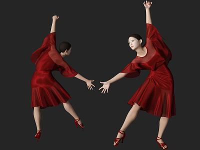 Women In Red Dresses Dancing With Raised Arms And Extended Hands 3d model
