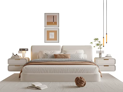 Modern Cream Double Bed with Bedside Tables Table Lamps Wall Paintings Pendant Lights and Plants 3d model