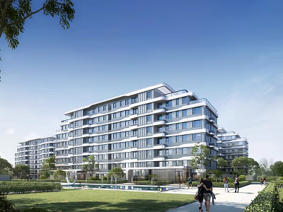 Modern Residential Building With Modern Facade Large Windows Green Lawn Trees Pathway And People Walking 3d model
