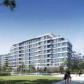 Modern Residential Building With Modern Facade Large Windows Green Lawn Trees Pathway And People Walking