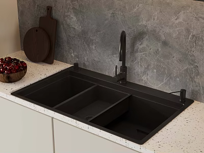 Black Double Basin Kitchen Sink On Light Countertop With Gray Wall And Wooden Cutting Board 3d model