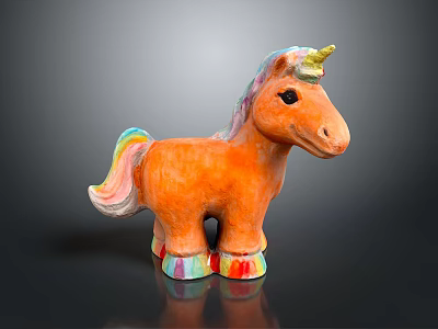 Orange Unicorn Doll With Colorful Mane Tail Golden Horn And Colorful Hooves On Black Background 3d model
