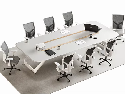 Modern Office Conference Table With Ergonomic Chairs Laptop Notebooks And Mugs 3d model