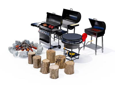 Outdoor Grilling Setup With Grills Bonfire And Wooden Stump Seating 3d model