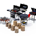 Outdoor Grilling Setup With Grills Bonfire And Wooden Stump Seating