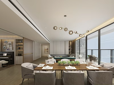 Modern Restaurant Interior With Long Dining Table Gray Chairs Hanging Lights And Large Windows 3d model