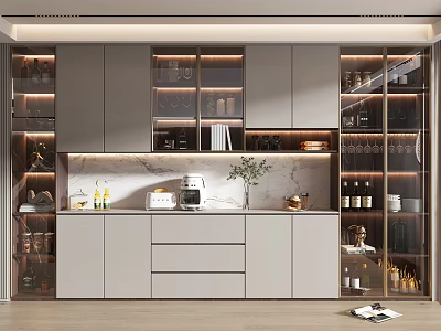 Modern Kitchen Wine Cabinet With Glass Doors LED Lighting And Marble Countertop 3d model