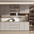 Modern Kitchen Wine Cabinet With Glass Doors LED Lighting And Marble Countertop