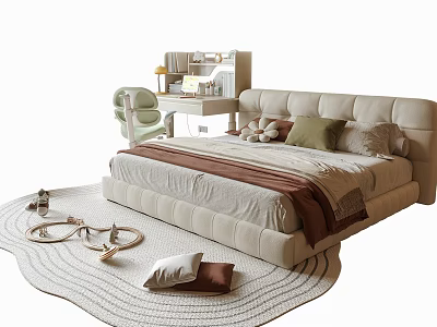 Cozy Children's Bed With Upholstered Headboard Soft Pillows And Knitted Rug In Kids Room 3d model