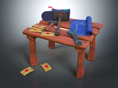Essential Hardware Tools On Wooden Workbench With Hammer Wrench And Blueprints 3d model
