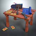 Essential Hardware Tools On Wooden Workbench With Hammer Wrench And Blueprints