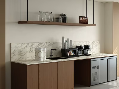 Modern Kitchen Cabinets With Brown Wood Finish Marble Countertop And Coffee Machine On Wall Shelf 3d model