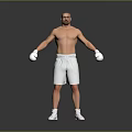 Shirtless Man Wearing White Boxing Gloves Shorts Sneakers Standing With Arms Outstretched On Gray Background