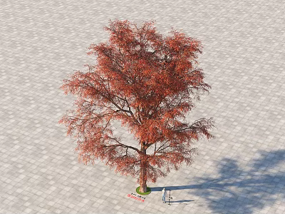 Tall Red Leaf Arbor on Paved Ground with Sign and Chair 3d model