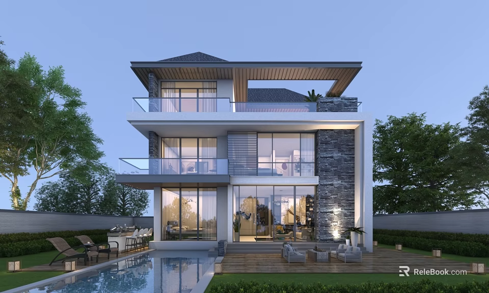 Modern Two Story Detached Villa With Large Glass Windows Balconies And Swimming Pool 3d model 