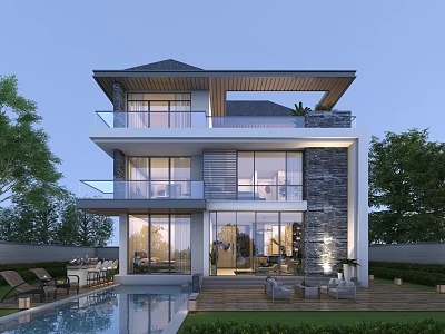 Modern Two Story Detached Villa With Large Glass Windows Balconies And Swimming Pool 3d model
