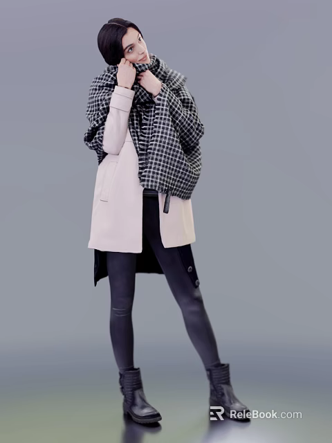 A Woman Wearing Light Pink Long Coat With Checkered Scarf And Black Tight Pants 3d model 