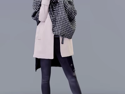 A Woman Wearing Light Pink Long Coat With Checkered Scarf And Black Tight Pants 3d model