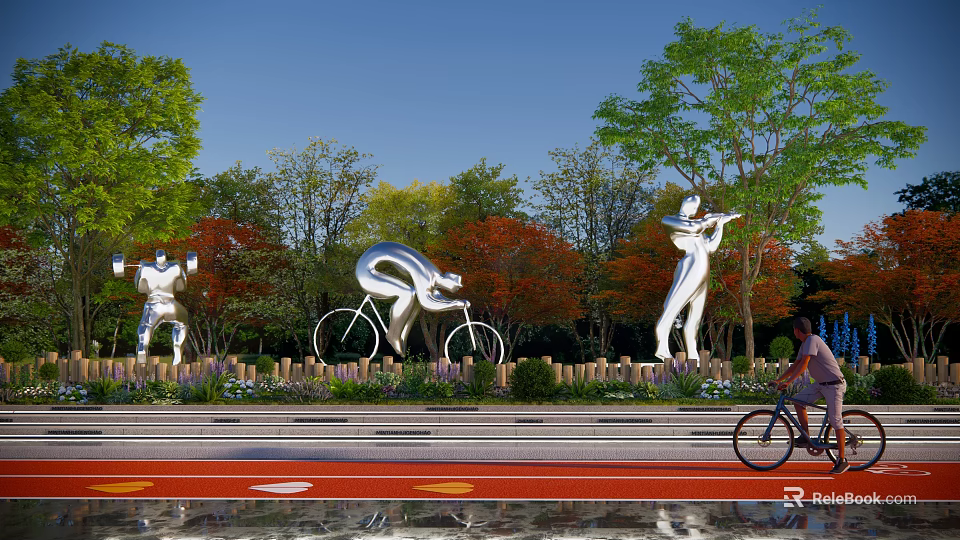 Silver Sports Sculptures in Outdoor Park With Trees Running Track And People Cycling Nearby 3d model 