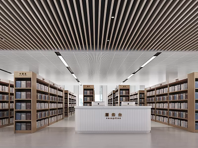 Modern Library Interior With Bookshelves And Service Desk 3d model